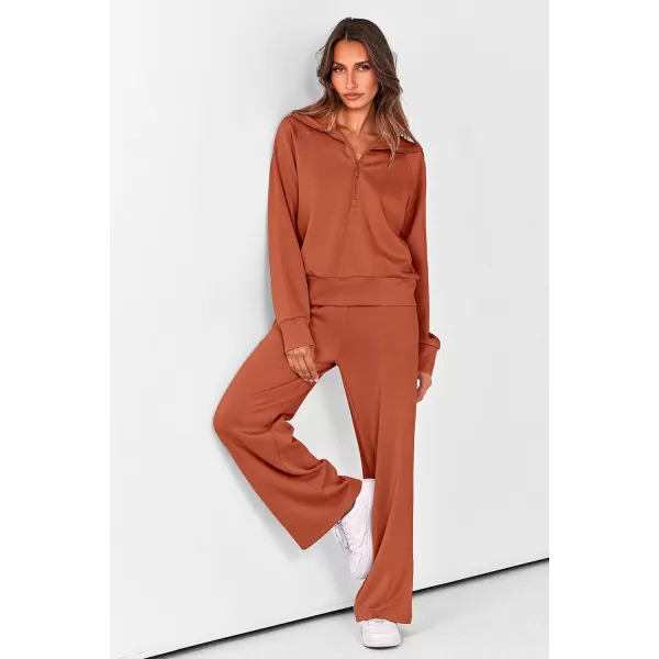 imagePRETTYGARDEN Womens 2 Piece Outfits Casual Lapel Half Zip Sweatshirts And Wide Leg Pants Tracksuit SetsBrick Red