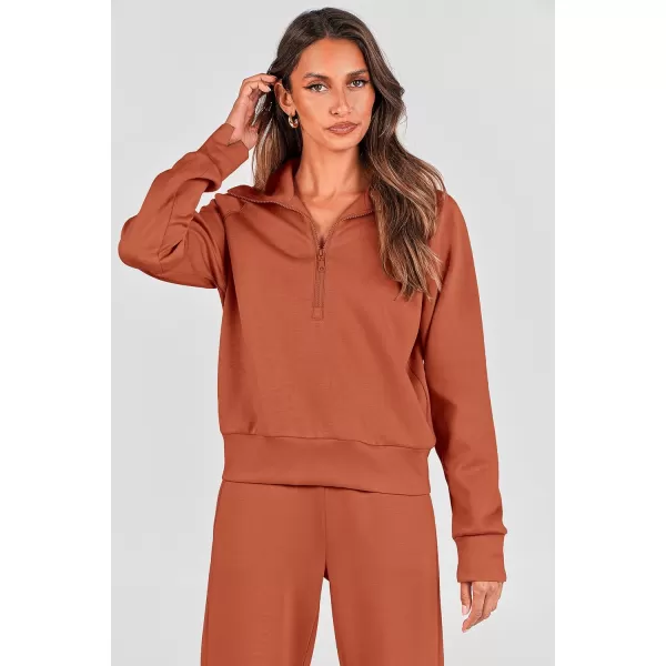 imagePRETTYGARDEN Womens 2 Piece Outfits Casual Lapel Half Zip Sweatshirts And Wide Leg Pants Tracksuit SetsBrick Red