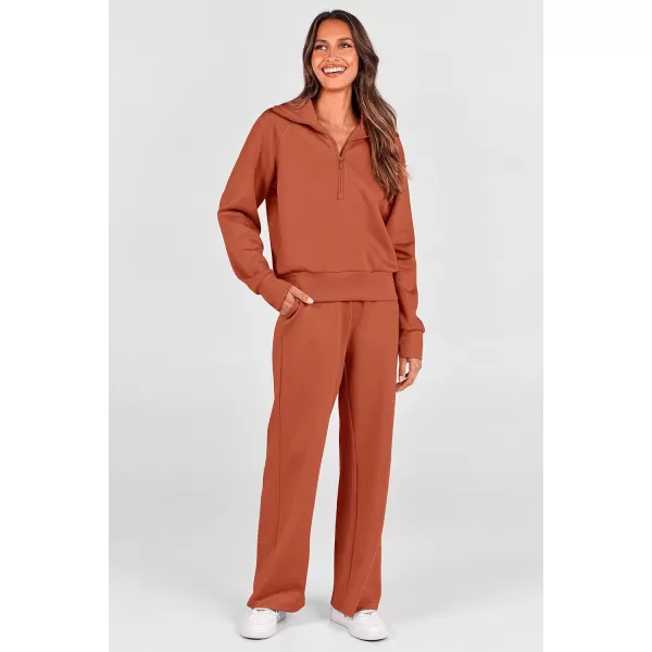 imagePRETTYGARDEN Womens 2 Piece Outfits Casual Lapel Half Zip Sweatshirts And Wide Leg Pants Tracksuit SetsBrick Red