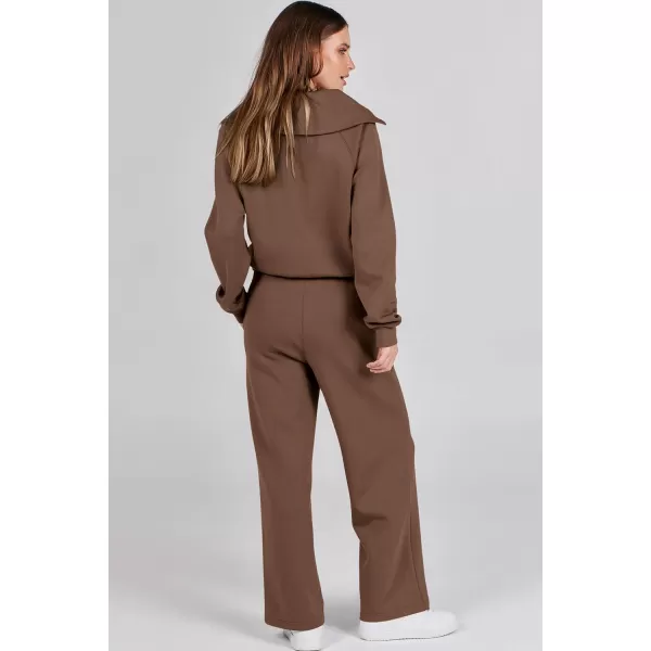 imagePRETTYGARDEN Womens 2 Piece Outfits Casual Lapel Half Zip Sweatshirts And Wide Leg Pants Tracksuit SetsBrown