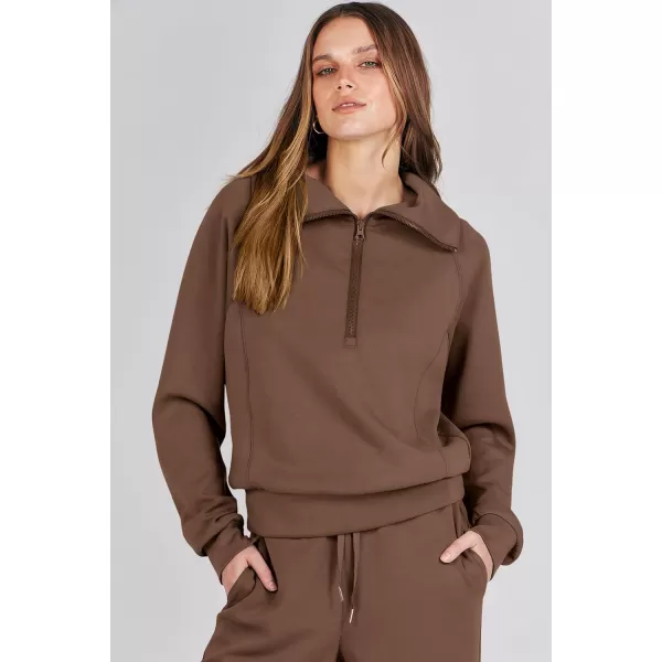 imagePRETTYGARDEN Womens 2 Piece Outfits Casual Lapel Half Zip Sweatshirts And Wide Leg Pants Tracksuit SetsBrown
