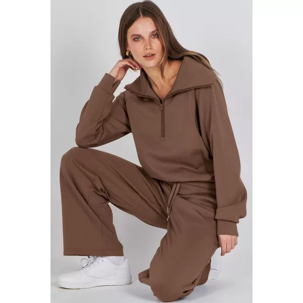 imagePRETTYGARDEN Womens 2 Piece Outfits Casual Lapel Half Zip Sweatshirts And Wide Leg Pants Tracksuit SetsBrown