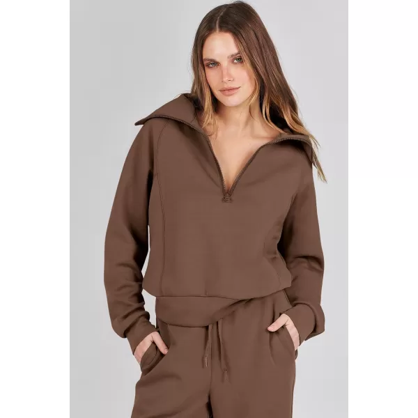 imagePRETTYGARDEN Womens 2 Piece Outfits Casual Lapel Half Zip Sweatshirts And Wide Leg Pants Tracksuit SetsBrown