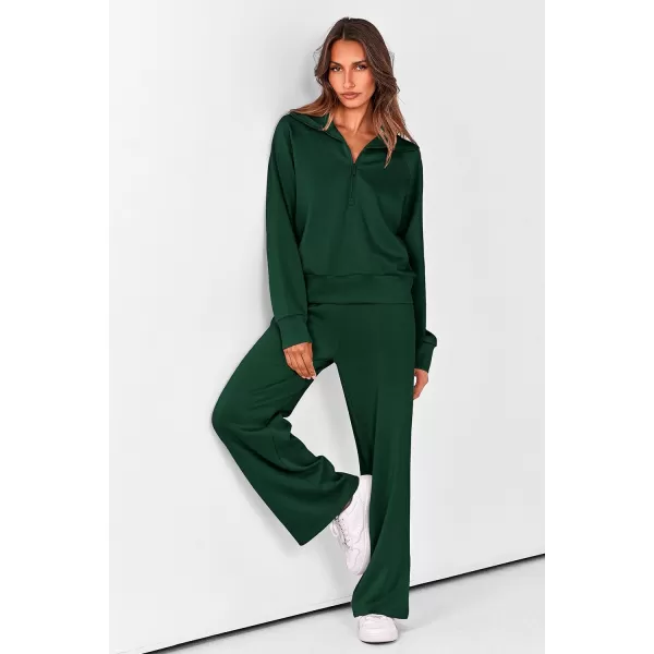 imagePRETTYGARDEN Womens 2 Piece Outfits Casual Lapel Half Zip Sweatshirts And Wide Leg Pants Tracksuit SetsDark Green