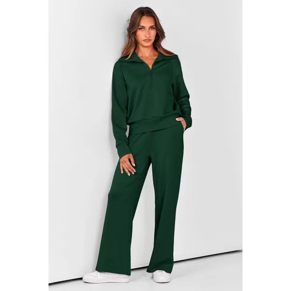 imagePRETTYGARDEN Womens 2 Piece Outfits Casual Lapel Half Zip Sweatshirts And Wide Leg Pants Tracksuit SetsDark Green