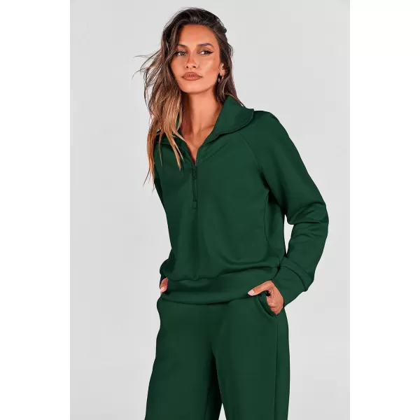 imagePRETTYGARDEN Womens 2 Piece Outfits Casual Lapel Half Zip Sweatshirts And Wide Leg Pants Tracksuit SetsDark Green