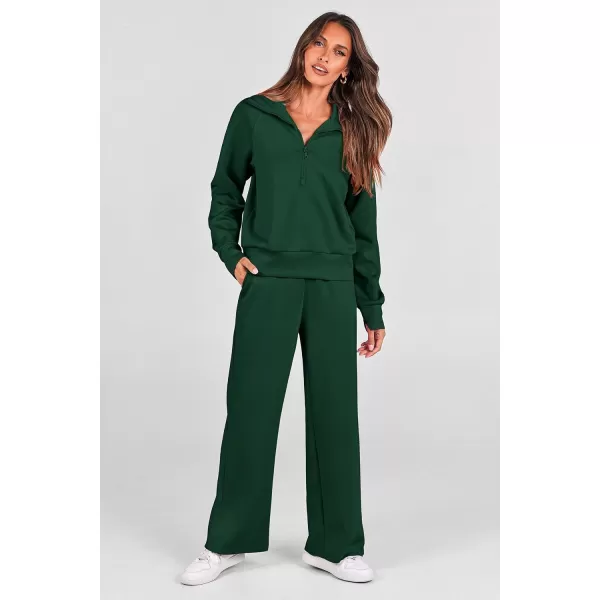imagePRETTYGARDEN Womens 2 Piece Outfits Casual Lapel Half Zip Sweatshirts And Wide Leg Pants Tracksuit SetsDark Green