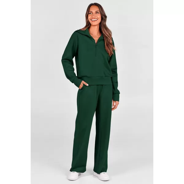 imagePRETTYGARDEN Womens 2 Piece Outfits Casual Lapel Half Zip Sweatshirts And Wide Leg Pants Tracksuit SetsDark Green