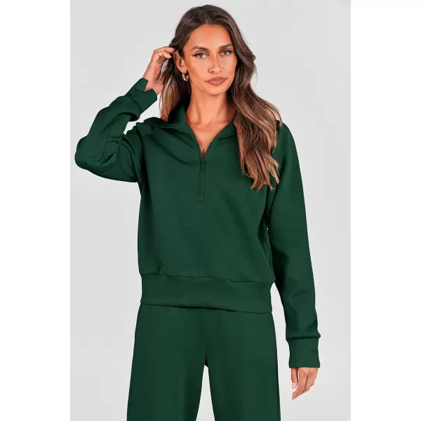 imagePRETTYGARDEN Womens 2 Piece Outfits Casual Lapel Half Zip Sweatshirts And Wide Leg Pants Tracksuit SetsDark Green