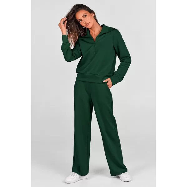 imagePRETTYGARDEN Womens 2 Piece Outfits Casual Lapel Half Zip Sweatshirts And Wide Leg Pants Tracksuit SetsDark Green