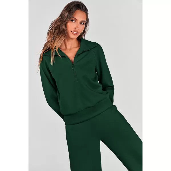 imagePRETTYGARDEN Womens 2 Piece Outfits Casual Lapel Half Zip Sweatshirts And Wide Leg Pants Tracksuit SetsDark Green