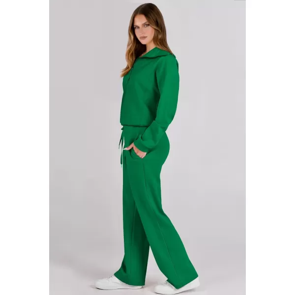 imagePRETTYGARDEN Womens 2 Piece Outfits Casual Lapel Half Zip Sweatshirts And Wide Leg Pants Tracksuit SetsGreen