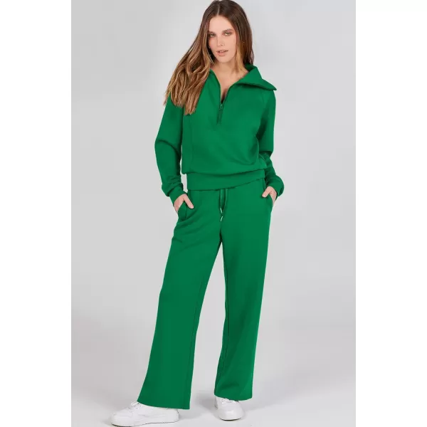 imagePRETTYGARDEN Womens 2 Piece Outfits Casual Lapel Half Zip Sweatshirts And Wide Leg Pants Tracksuit SetsGreen