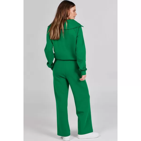 imagePRETTYGARDEN Womens 2 Piece Outfits Casual Lapel Half Zip Sweatshirts And Wide Leg Pants Tracksuit SetsGreen