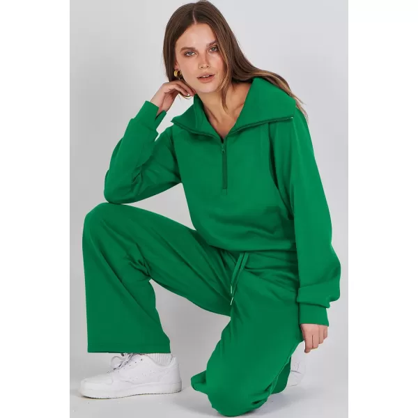 imagePRETTYGARDEN Womens 2 Piece Outfits Casual Lapel Half Zip Sweatshirts And Wide Leg Pants Tracksuit SetsGreen