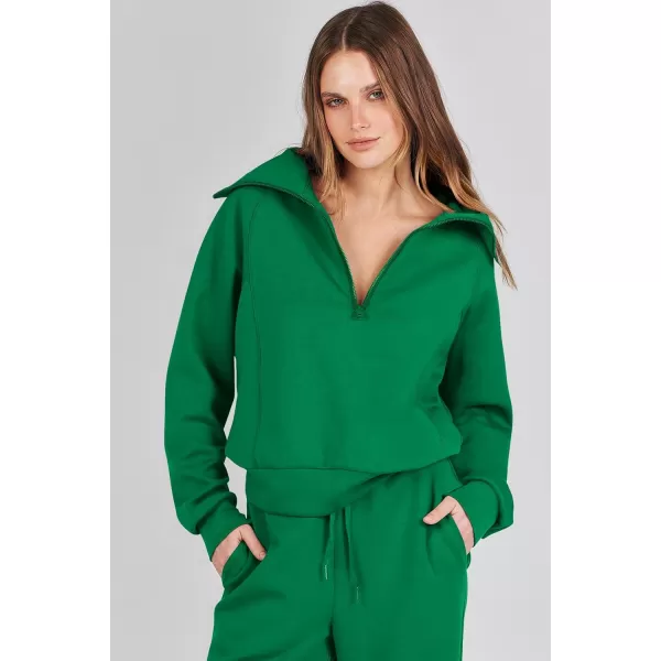 imagePRETTYGARDEN Womens 2 Piece Outfits Casual Lapel Half Zip Sweatshirts And Wide Leg Pants Tracksuit SetsGreen