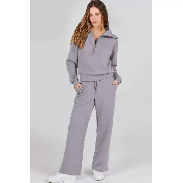 imagePRETTYGARDEN Womens 2 Piece Outfits Casual Lapel Half Zip Sweatshirts And Wide Leg Pants Tracksuit SetsGrey