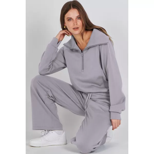 imagePRETTYGARDEN Womens 2 Piece Outfits Casual Lapel Half Zip Sweatshirts And Wide Leg Pants Tracksuit SetsGrey