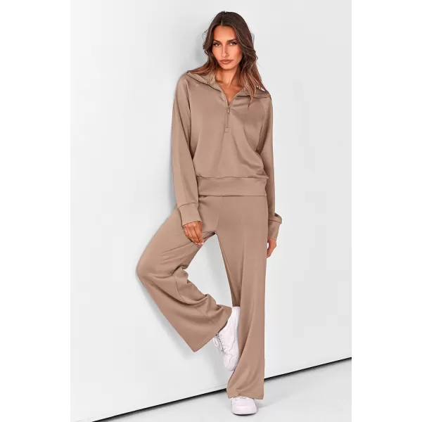 imagePRETTYGARDEN Womens 2 Piece Outfits Casual Lapel Half Zip Sweatshirts And Wide Leg Pants Tracksuit SetsKhaki