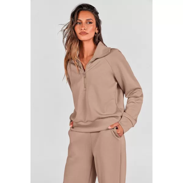 imagePRETTYGARDEN Womens 2 Piece Outfits Casual Lapel Half Zip Sweatshirts And Wide Leg Pants Tracksuit SetsKhaki