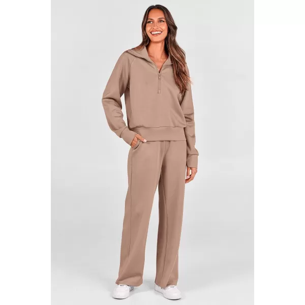 imagePRETTYGARDEN Womens 2 Piece Outfits Casual Lapel Half Zip Sweatshirts And Wide Leg Pants Tracksuit SetsKhaki