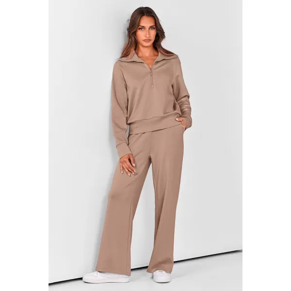 imagePRETTYGARDEN Womens 2 Piece Outfits Casual Lapel Half Zip Sweatshirts And Wide Leg Pants Tracksuit SetsKhaki