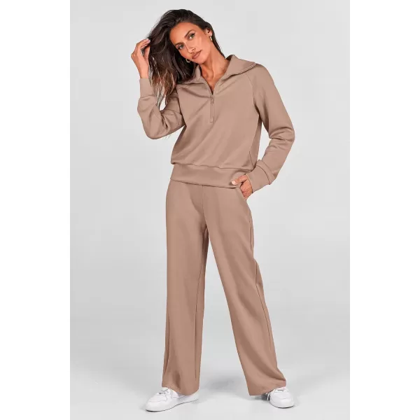 imagePRETTYGARDEN Womens 2 Piece Outfits Casual Lapel Half Zip Sweatshirts And Wide Leg Pants Tracksuit SetsKhaki
