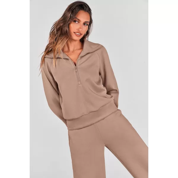 imagePRETTYGARDEN Womens 2 Piece Outfits Casual Lapel Half Zip Sweatshirts And Wide Leg Pants Tracksuit SetsKhaki