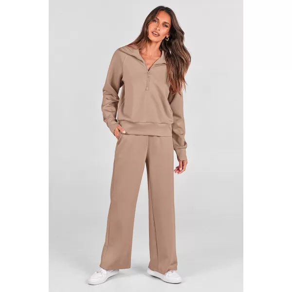 imagePRETTYGARDEN Womens 2 Piece Outfits Casual Lapel Half Zip Sweatshirts And Wide Leg Pants Tracksuit SetsKhaki