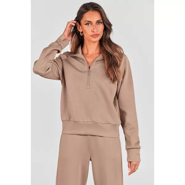 imagePRETTYGARDEN Womens 2 Piece Outfits Casual Lapel Half Zip Sweatshirts And Wide Leg Pants Tracksuit SetsKhaki