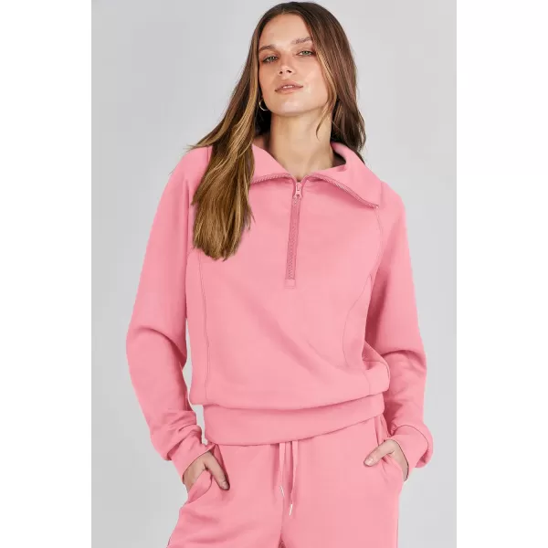 imagePRETTYGARDEN Womens 2 Piece Outfits Casual Lapel Half Zip Sweatshirts And Wide Leg Pants Tracksuit SetsPink