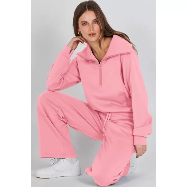 imagePRETTYGARDEN Womens 2 Piece Outfits Casual Lapel Half Zip Sweatshirts And Wide Leg Pants Tracksuit SetsPink