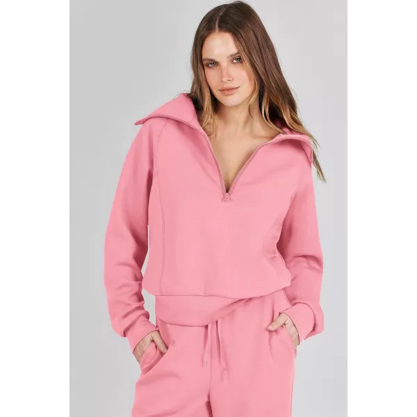 imagePRETTYGARDEN Womens 2 Piece Outfits Casual Lapel Half Zip Sweatshirts And Wide Leg Pants Tracksuit SetsPink