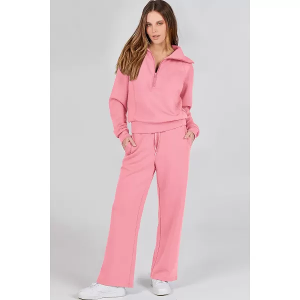 imagePRETTYGARDEN Womens 2 Piece Outfits Casual Lapel Half Zip Sweatshirts And Wide Leg Pants Tracksuit SetsPink