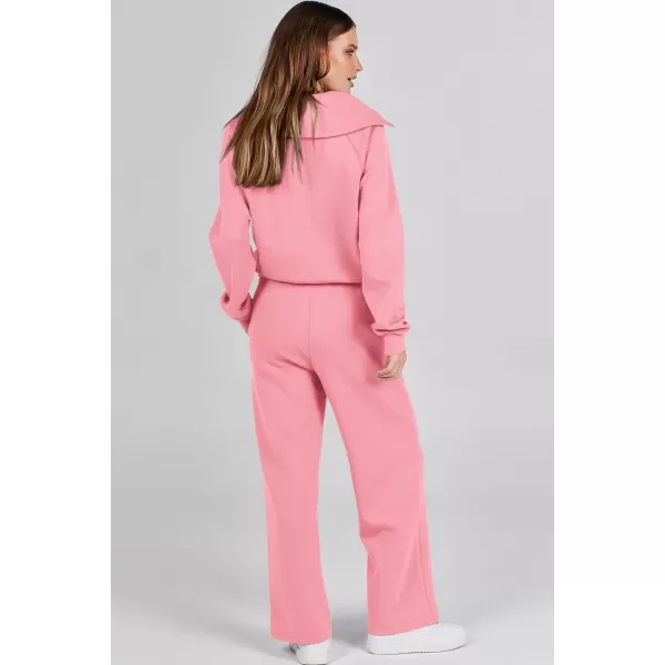 imagePRETTYGARDEN Womens 2 Piece Outfits Casual Lapel Half Zip Sweatshirts And Wide Leg Pants Tracksuit SetsPink
