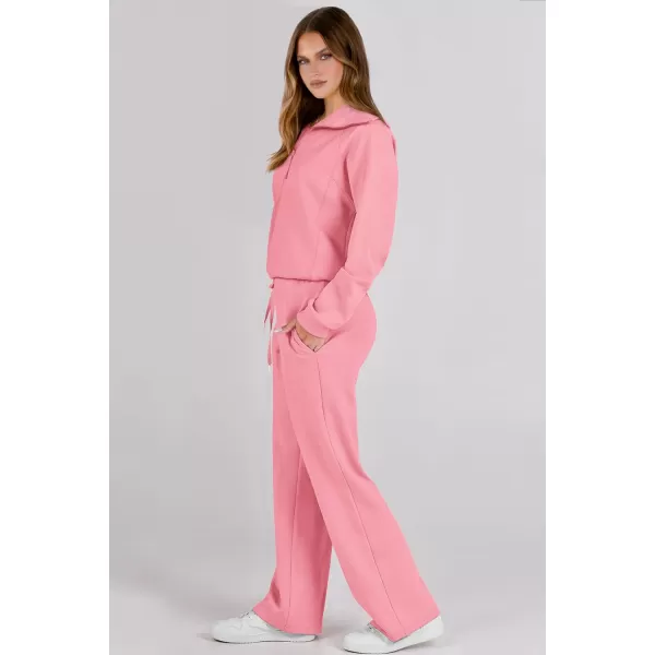 imagePRETTYGARDEN Womens 2 Piece Outfits Casual Lapel Half Zip Sweatshirts And Wide Leg Pants Tracksuit SetsPink