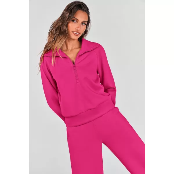 imagePRETTYGARDEN Womens 2 Piece Outfits Casual Lapel Half Zip Sweatshirts And Wide Leg Pants Tracksuit SetsRose Red