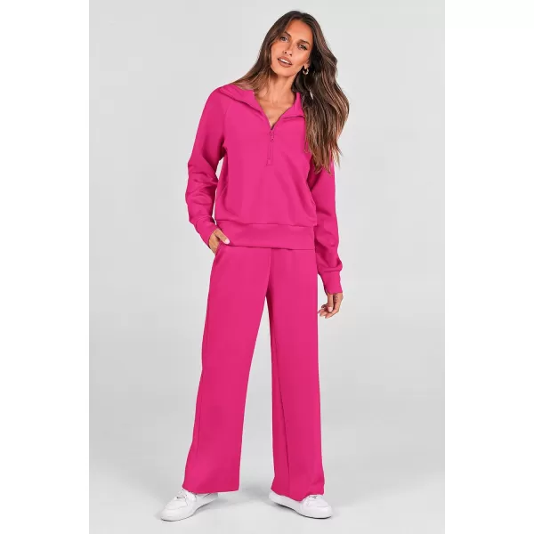 imagePRETTYGARDEN Womens 2 Piece Outfits Casual Lapel Half Zip Sweatshirts And Wide Leg Pants Tracksuit SetsRose Red