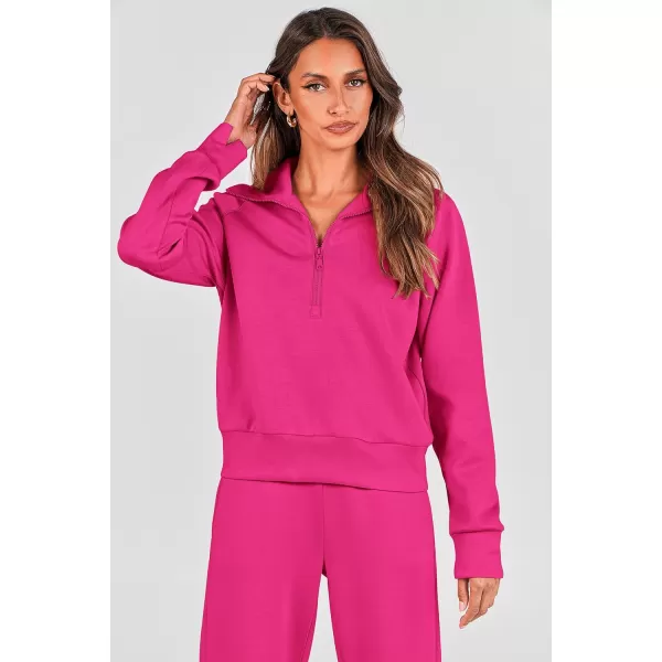 imagePRETTYGARDEN Womens 2 Piece Outfits Casual Lapel Half Zip Sweatshirts And Wide Leg Pants Tracksuit SetsRose Red