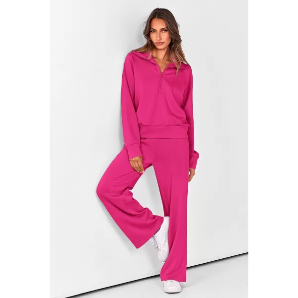 imagePRETTYGARDEN Womens 2 Piece Outfits Casual Lapel Half Zip Sweatshirts And Wide Leg Pants Tracksuit SetsRose Red