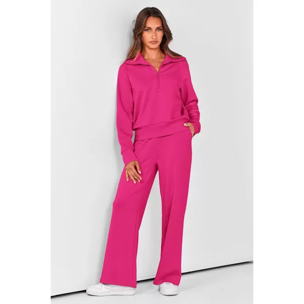imagePRETTYGARDEN Womens 2 Piece Outfits Casual Lapel Half Zip Sweatshirts And Wide Leg Pants Tracksuit SetsRose Red