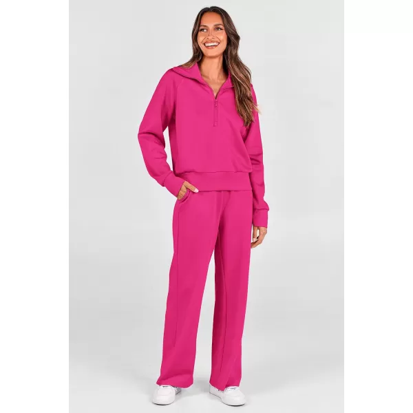 imagePRETTYGARDEN Womens 2 Piece Outfits Casual Lapel Half Zip Sweatshirts And Wide Leg Pants Tracksuit SetsRose Red