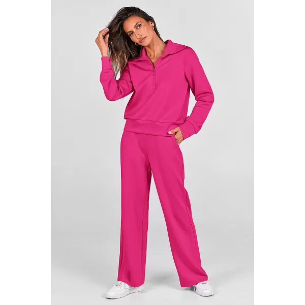 imagePRETTYGARDEN Womens 2 Piece Outfits Casual Lapel Half Zip Sweatshirts And Wide Leg Pants Tracksuit SetsRose Red