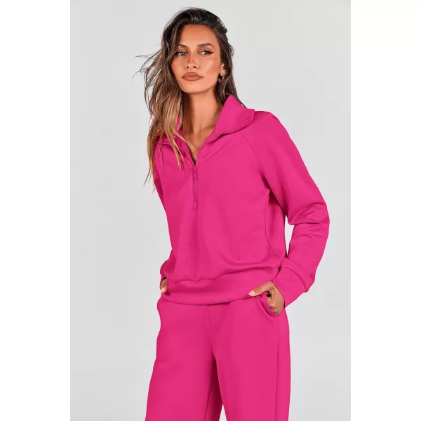 imagePRETTYGARDEN Womens 2 Piece Outfits Casual Lapel Half Zip Sweatshirts And Wide Leg Pants Tracksuit SetsRose Red