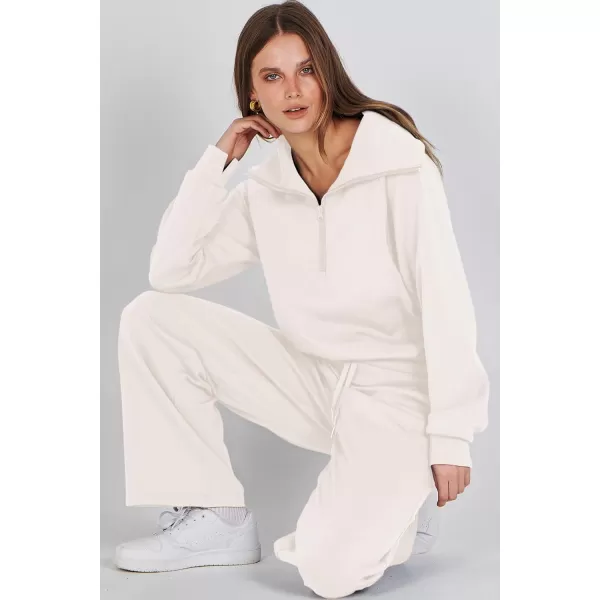 imagePRETTYGARDEN Womens 2 Piece Outfits Casual Lapel Half Zip Sweatshirts And Wide Leg Pants Tracksuit SetsWhite