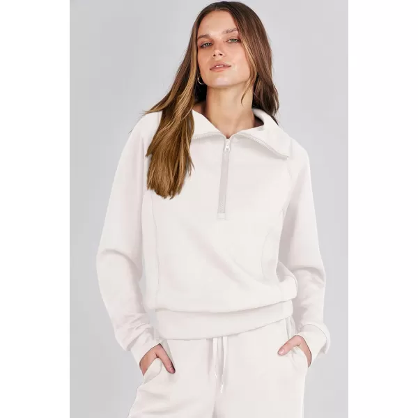 imagePRETTYGARDEN Womens 2 Piece Outfits Casual Lapel Half Zip Sweatshirts And Wide Leg Pants Tracksuit SetsWhite