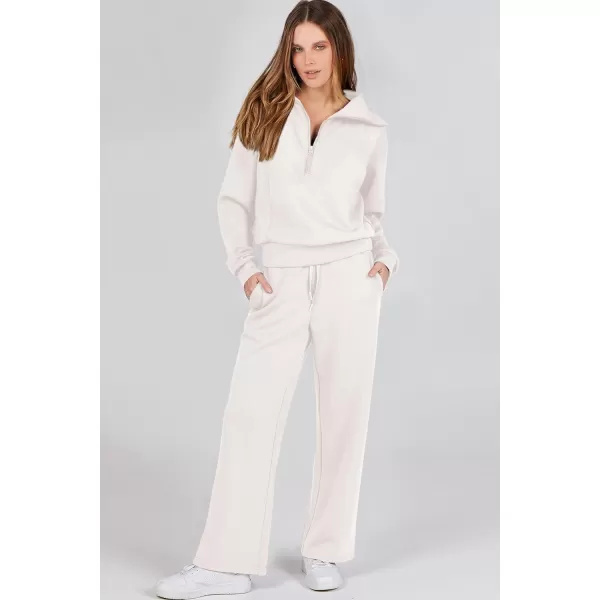 imagePRETTYGARDEN Womens 2 Piece Outfits Casual Lapel Half Zip Sweatshirts And Wide Leg Pants Tracksuit SetsWhite