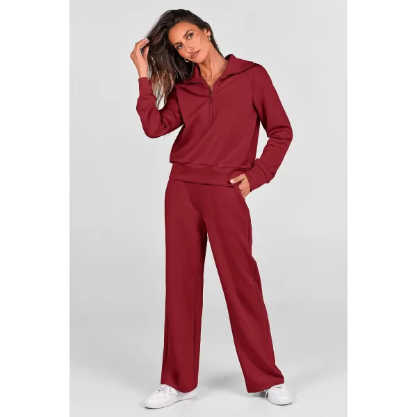imagePRETTYGARDEN Womens 2 Piece Outfits Casual Lapel Half Zip Sweatshirts And Wide Leg Pants Tracksuit SetsWine Red
