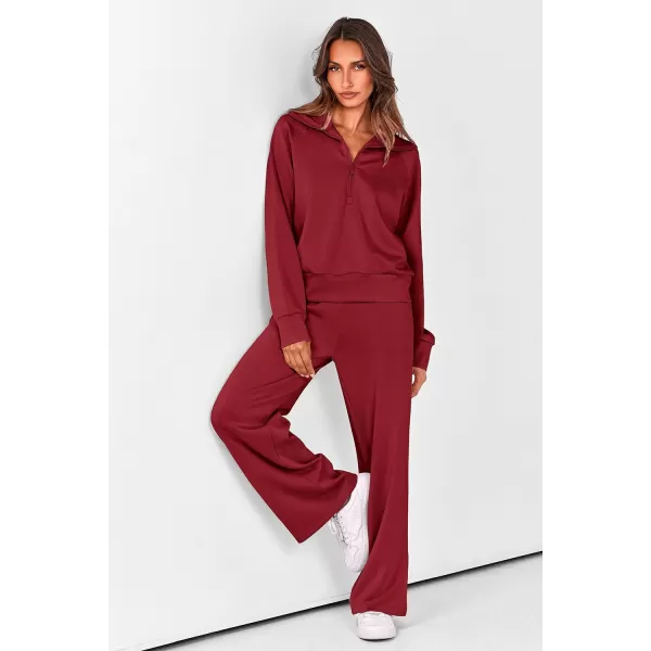 imagePRETTYGARDEN Womens 2 Piece Outfits Casual Lapel Half Zip Sweatshirts And Wide Leg Pants Tracksuit SetsWine Red