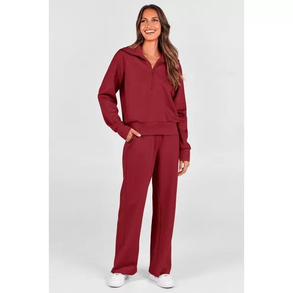 imagePRETTYGARDEN Womens 2 Piece Outfits Casual Lapel Half Zip Sweatshirts And Wide Leg Pants Tracksuit SetsWine Red